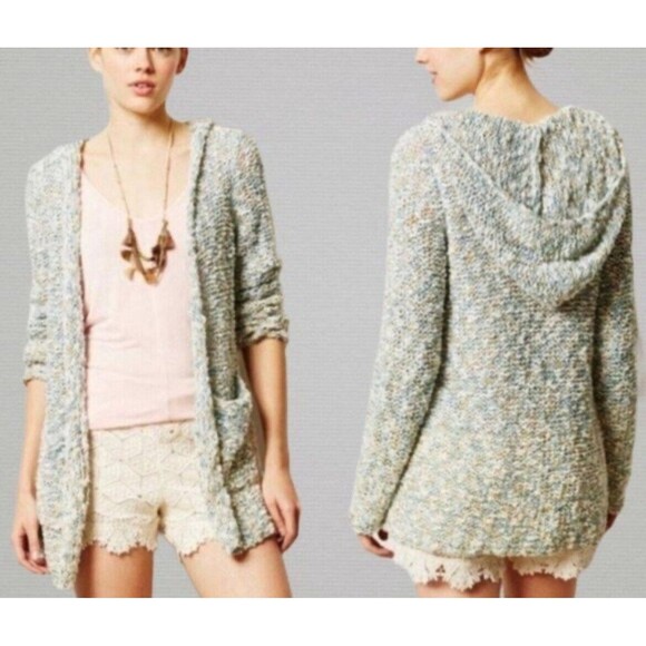 MOTH BY ANTHROPOLOGIE Nubby Knit Open-Front Hooded Cardigan Sweater Teal White M - Picture 8 of 8